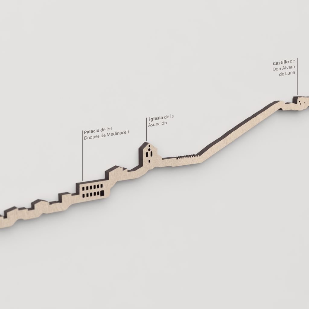 Primer plano del Palacio de los Duques de Medinaceli en la silueta de Cihuela en madera natural.