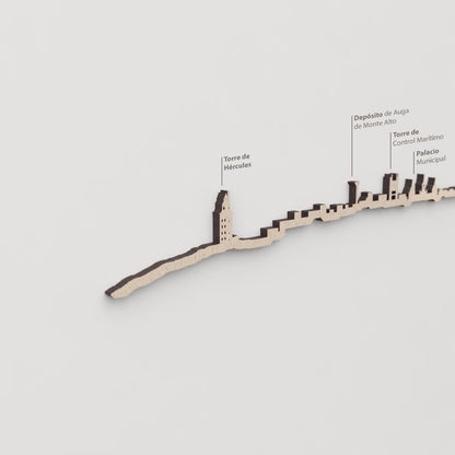 Skyline A Coruña – primer plano del Palacio Municipal en madera natural.