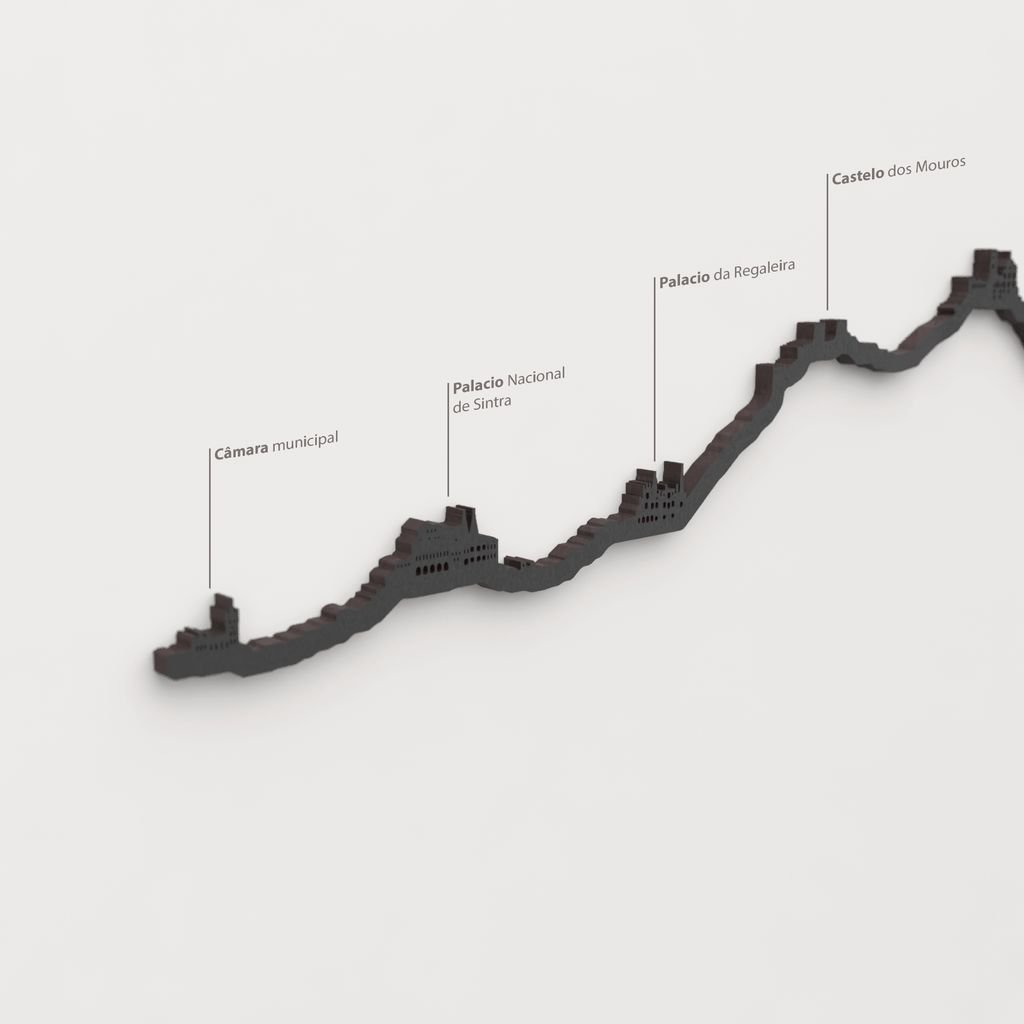 Detalle del Palacio Nacional de Sintra en la silueta de madera del skyline de Sintra.