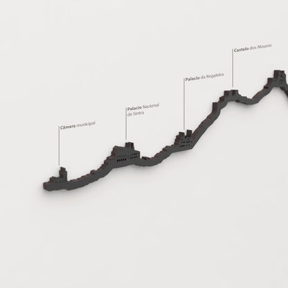 Detalle del Palacio Nacional de Sintra en la silueta de madera del skyline de Sintra.