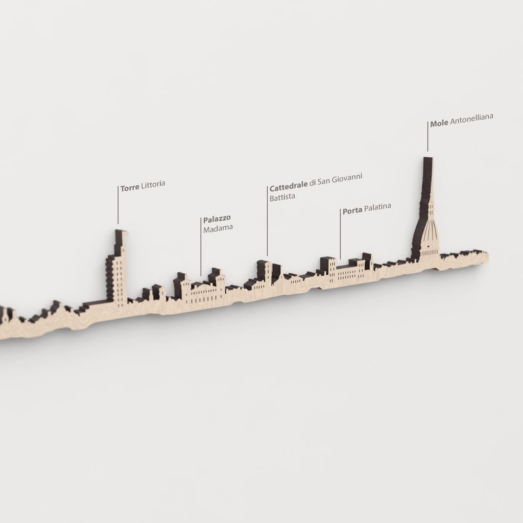 Primer plano del Palazzo Madama en la silueta de madera de Torino.