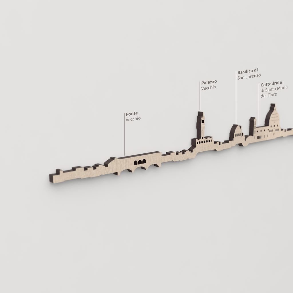 Primer plano del Palazzo Vecchio en la versión en madera negra del skyline de Florencia.