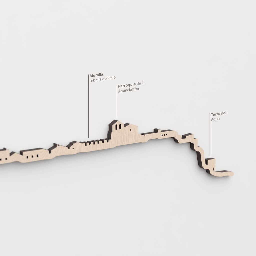 Skyline Rello – primer plano de la Parroquia de la Anunciación en madera natural.