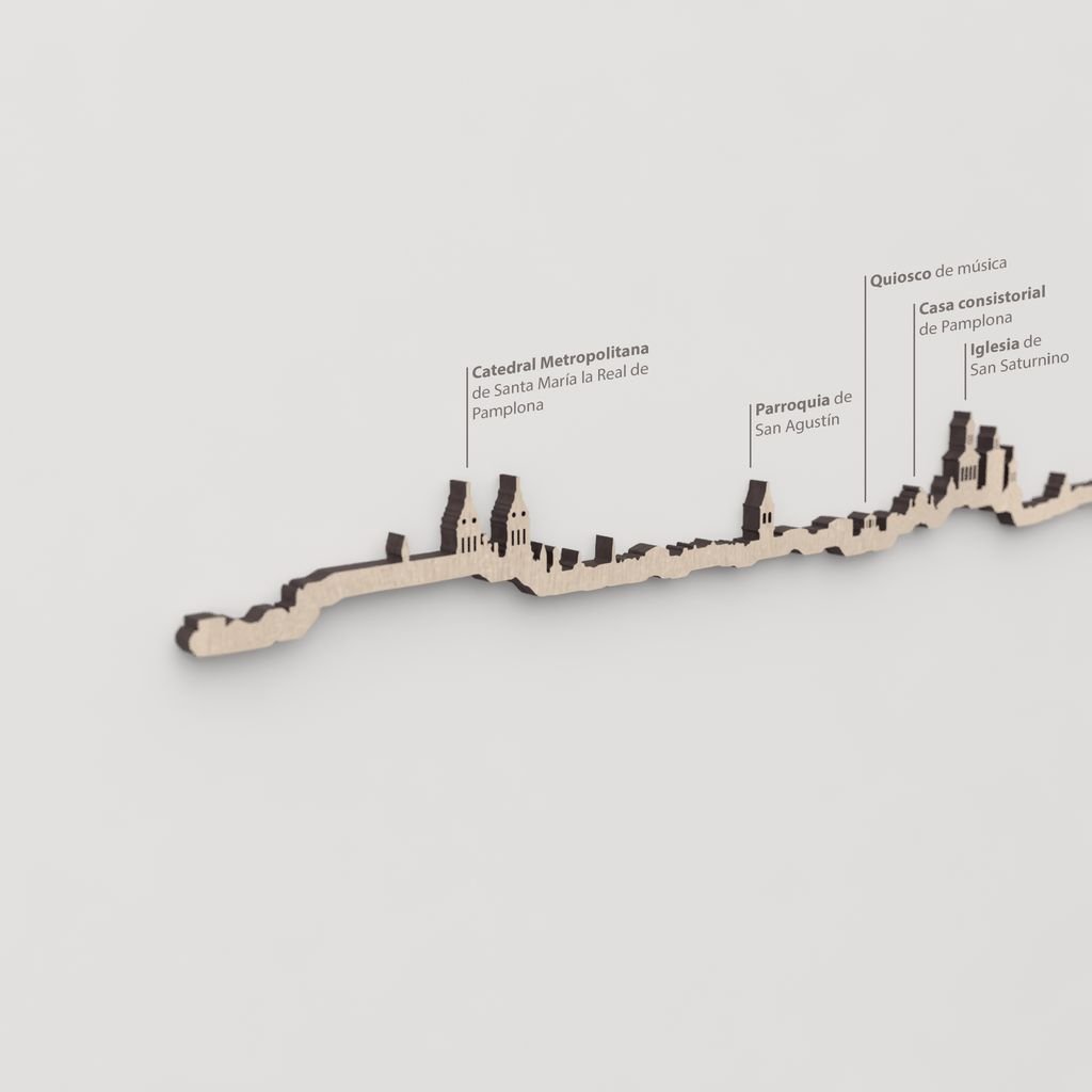 Skyline Pamplona – primer plano de la Parroquia de San Agustín en madera natural.