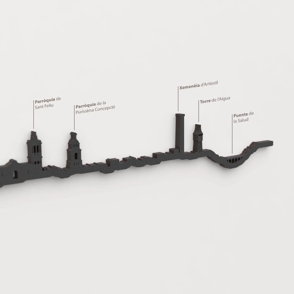 Skyline Sabadell – detalle de la Parroquia de Sant Feliu en madera negra.