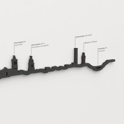 Skyline Sabadell – detalle de la Parroquia de Sant Feliu en madera negra.