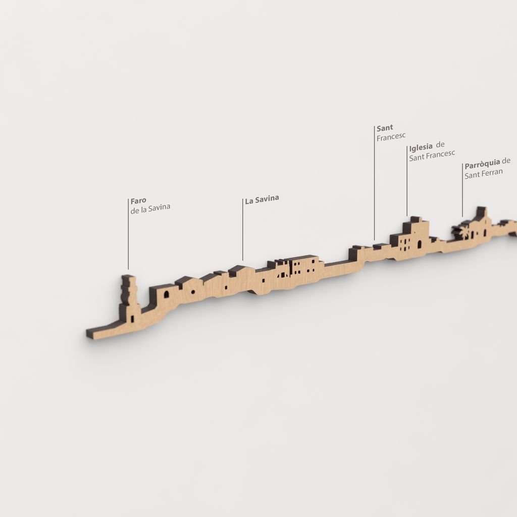 Detalle de la Parròquia de Sant Ferran en la silueta marrón de Formentera.