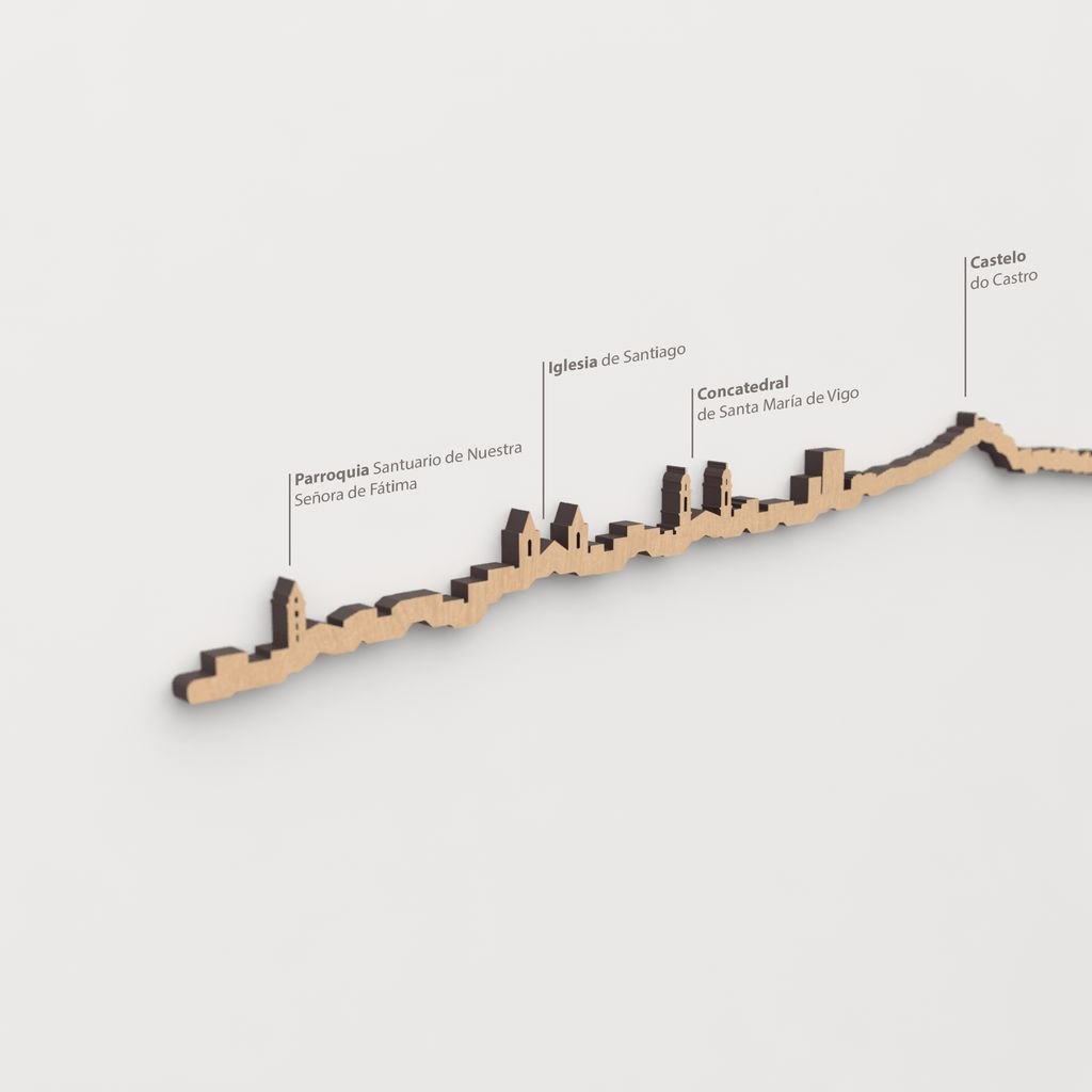 Vista detallada de la Parroquia Santuario de Nuestra Señora de Fátima en el skyline de Vigo color marrón.