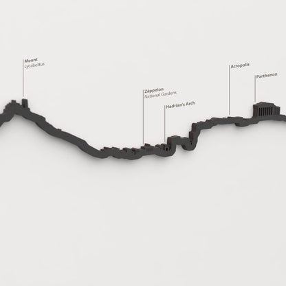 Detalle del Parthenon en la silueta de madera del skyline de Athens.