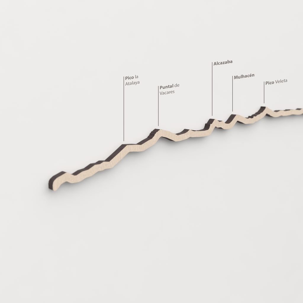 Primer plano del Pico Veleta en la silueta de madera de Sierra Nevada.