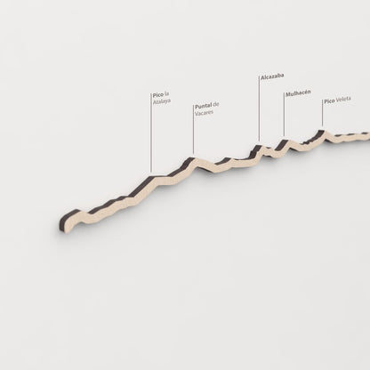 Primer plano del Pico Veleta en la silueta de madera de Sierra Nevada.