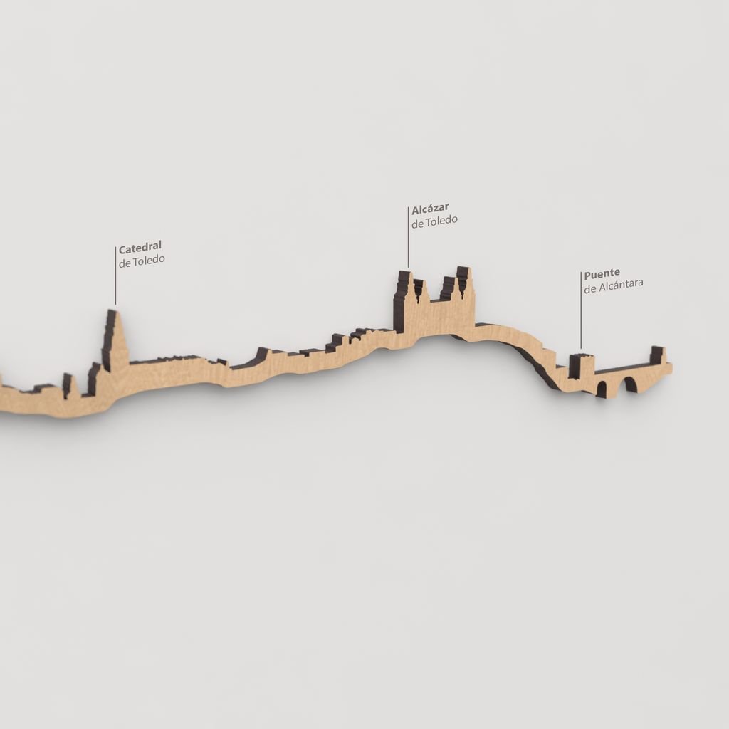 Skyline Toledo – detalle del Puente de Alcántara en madera marrón.