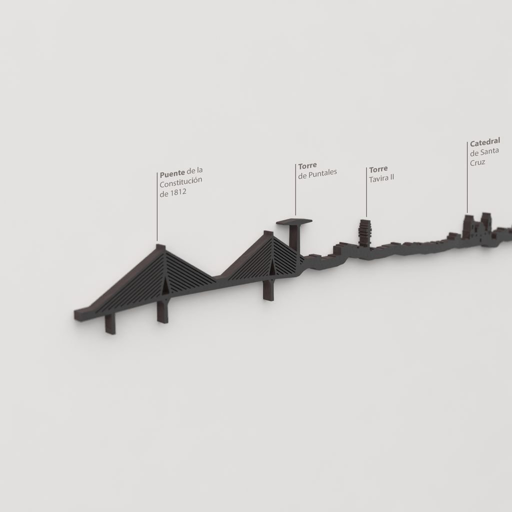 Detalle del Puente de la Constitución de 1812 en la silueta de madera del skyline de Cádiz.
