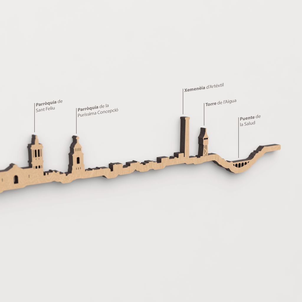Skyline Sabadell – detalle del Puente de la Salut en madera marrón.