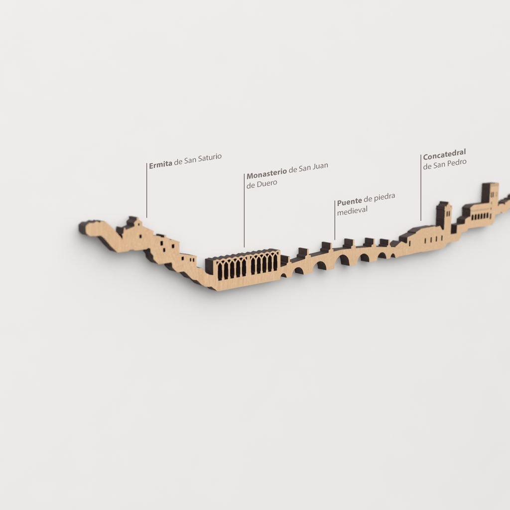 Vista detallada del Puente de piedra medieval en el skyline de Soria color marrón.