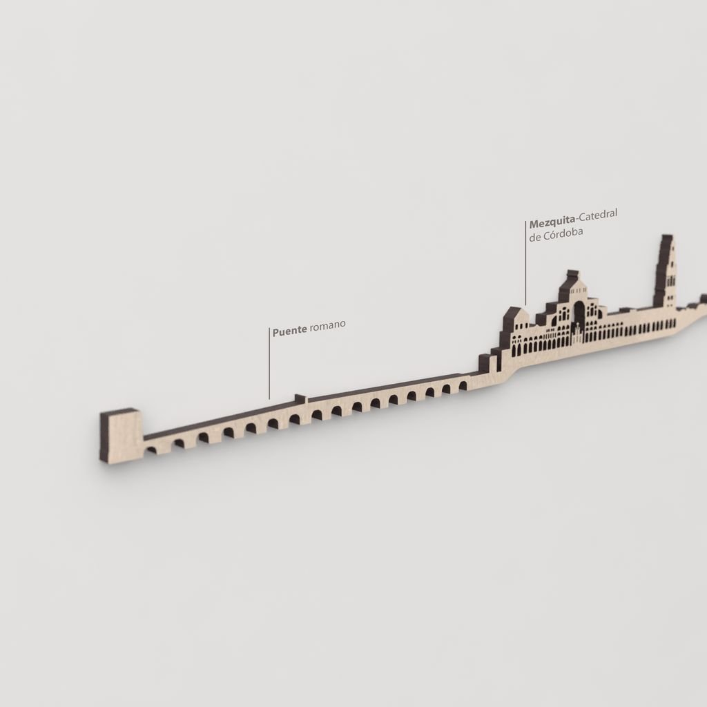 Primer plano del Puente Romano de Córdoba en la silueta de madera natural.