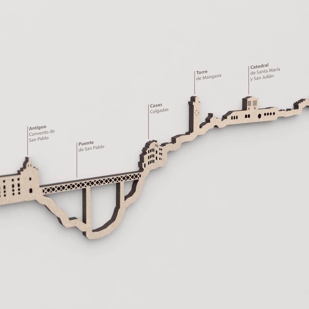 Primer plano del Puente de San Pablo en la silueta de Cuenca cortada en madera.