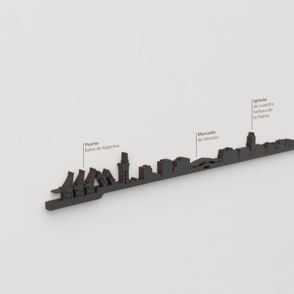 Detalle del Puerto Bahía de Algeciras en la silueta skyline de madera.