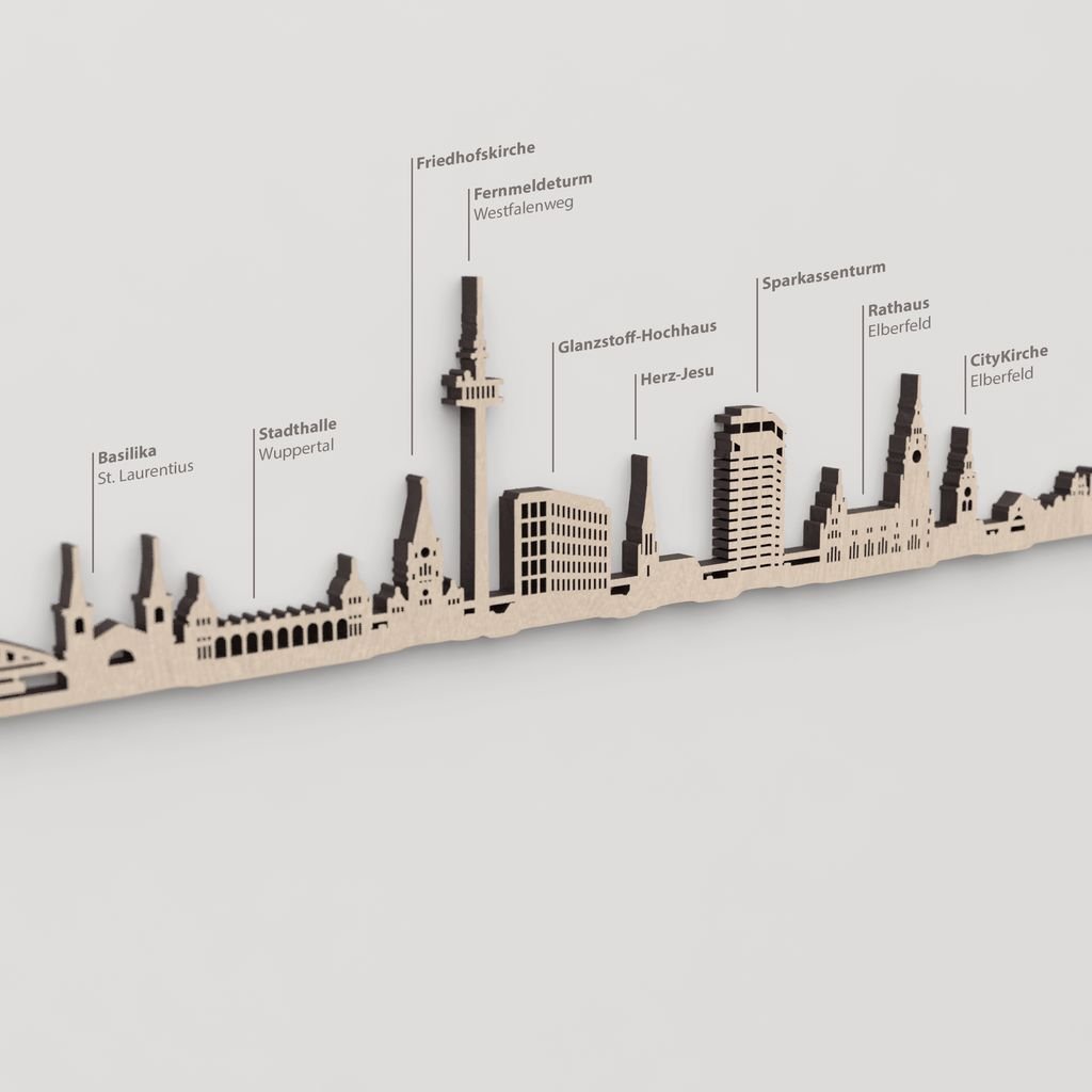 Skyline Wuppertal – primer plano del Rathaus Elberfeld en madera natural.