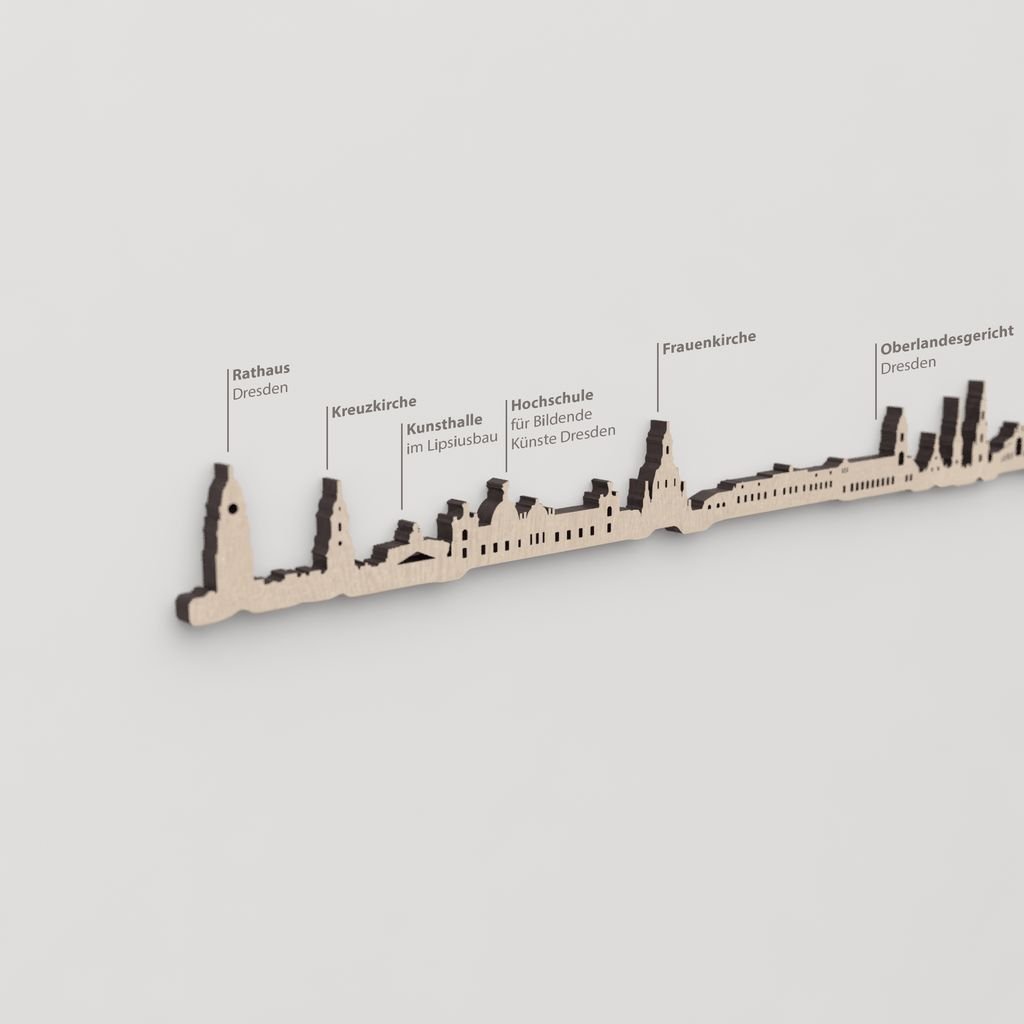 Skyline Dresden – primer plano del Rathaus en madera natural.