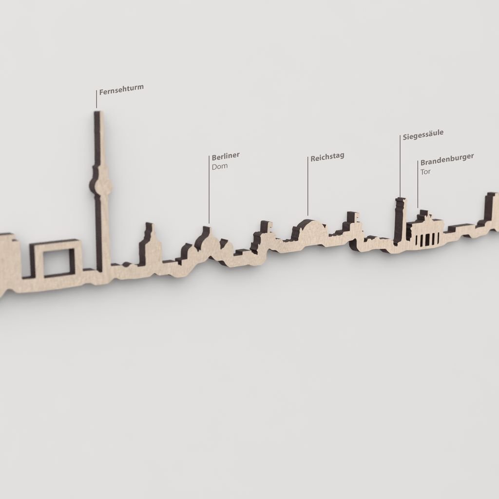 Primer plano del Reichstag en la silueta de madera del skyline de Berlín.