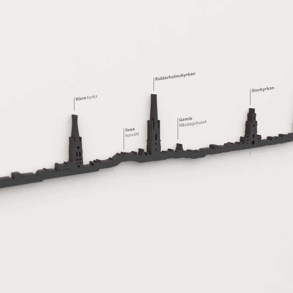 Detalle del Riddarholmskyrkan en la silueta de madera del skyline de Estocolmo.