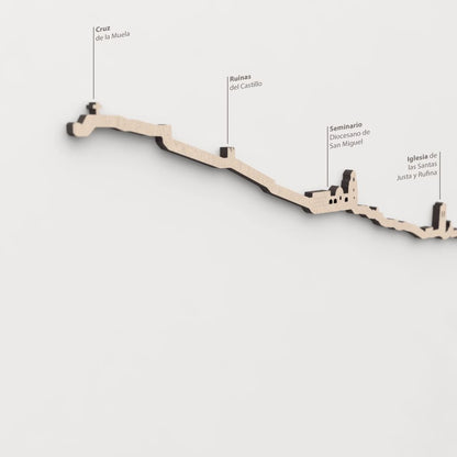 Skyline Orihuela – primer plano de las Ruinas del Castillo en madera natural.