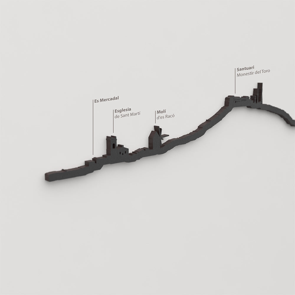 Skyline El Toro Menorca – detalle de Santuario Monestir del Toro en madera negra.