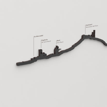 Skyline El Toro Menorca – detalle de Santuario Monestir del Toro en madera negra.