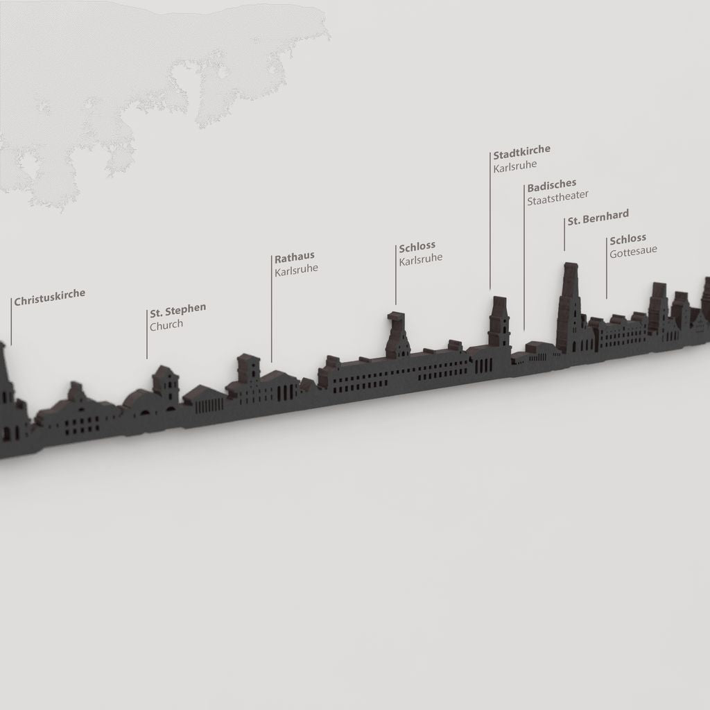Skyline Karlsruhe – detalle del Schloss Gottesaue en madera negra.