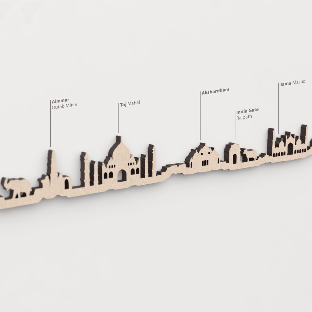 Skyline India – primer plano del Taj Mahal en madera natural.