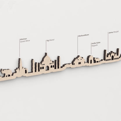 Skyline India – primer plano del Taj Mahal en madera natural.