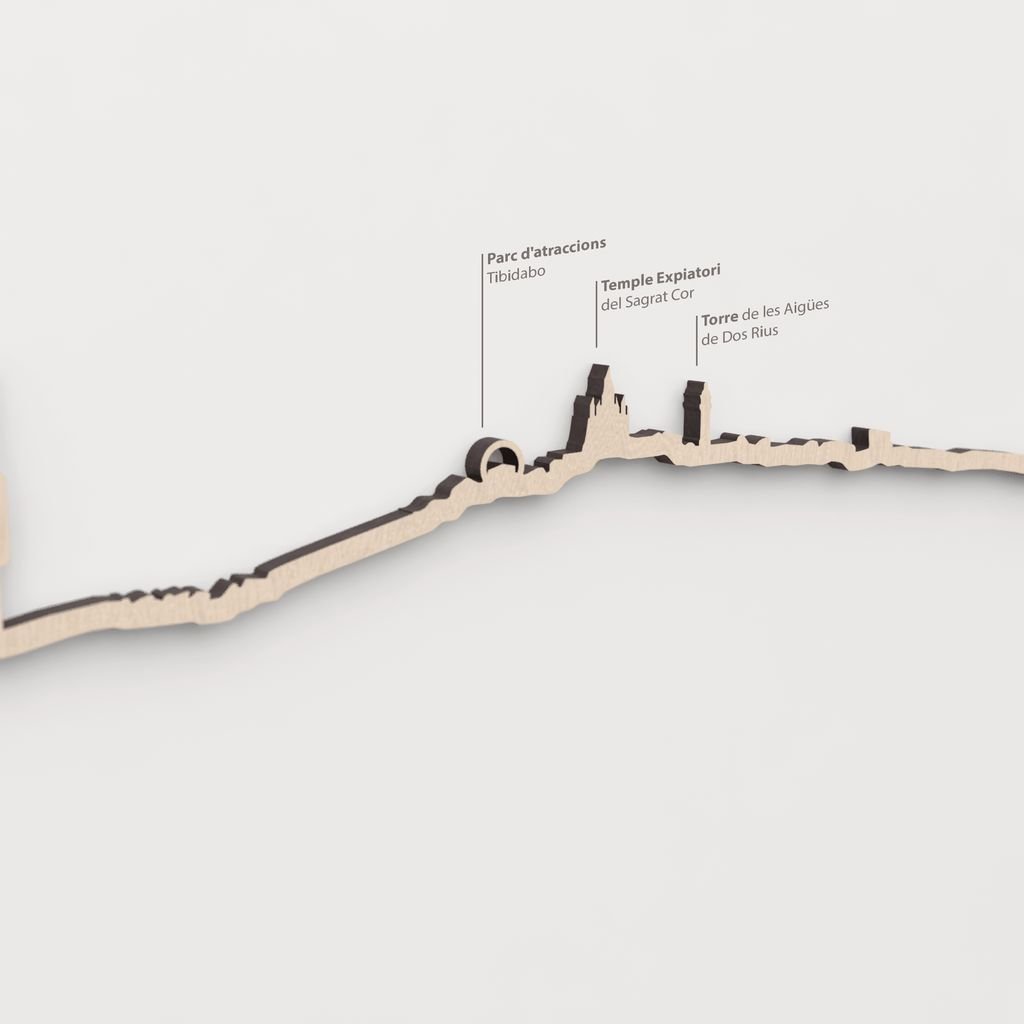 Skyline Barcelona Collserola – primer plano del Temple Expiatori del Sagrat Cor en madera natural.