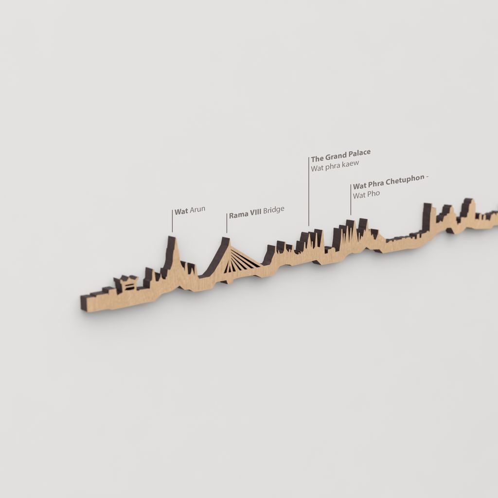 Skyline Bangkok – detalle de The Grand Palace en madera marrón.