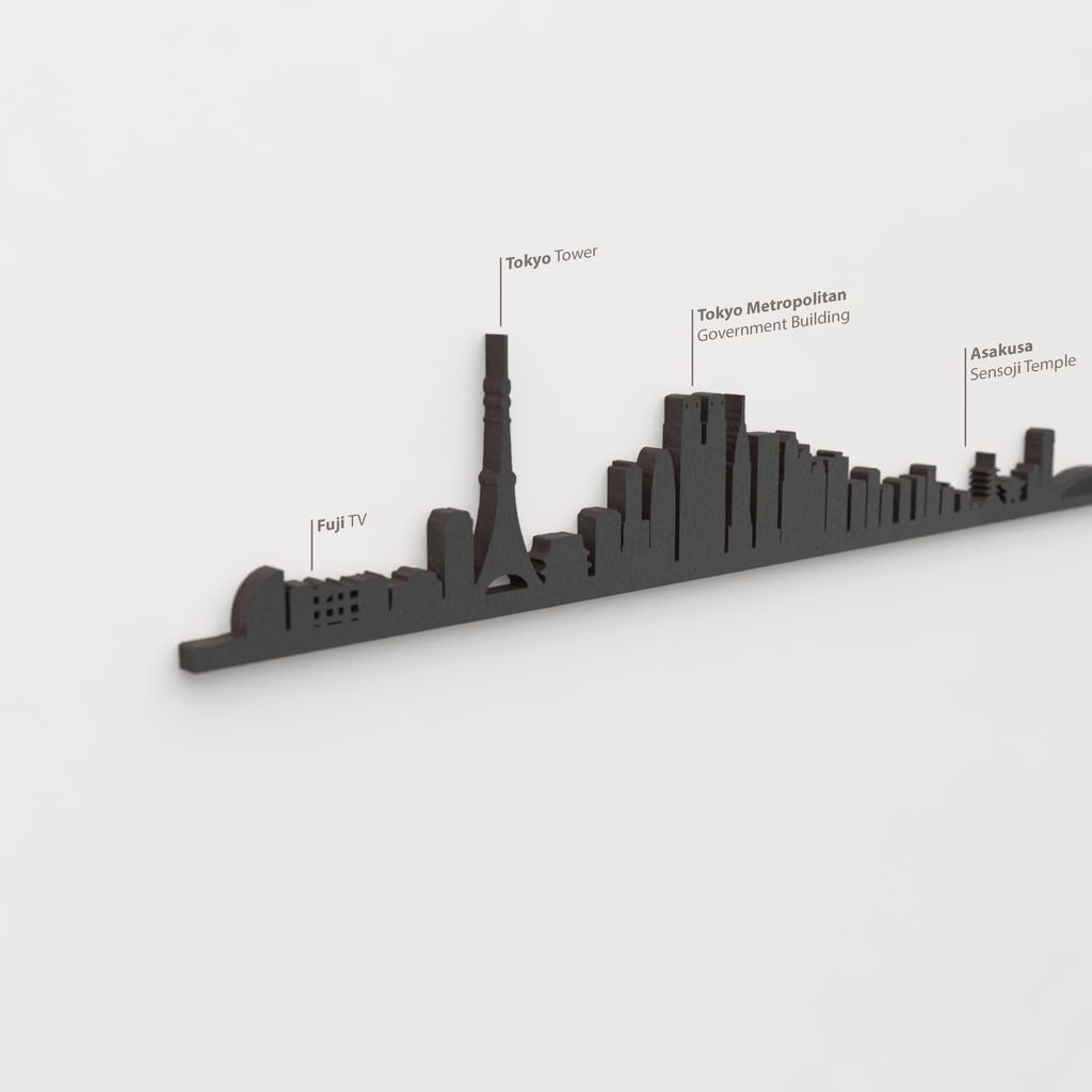 Detalle del Tokyo Tower en la silueta de madera del skyline de Tokio.