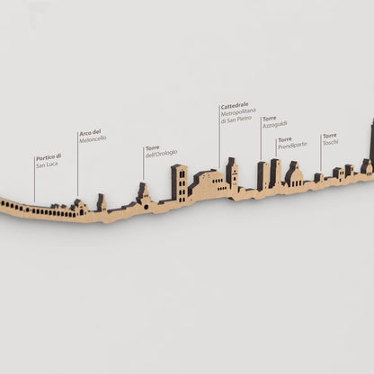 Vista detallada de la Torre Azzoguidi en el skyline de Bologna color marrón.