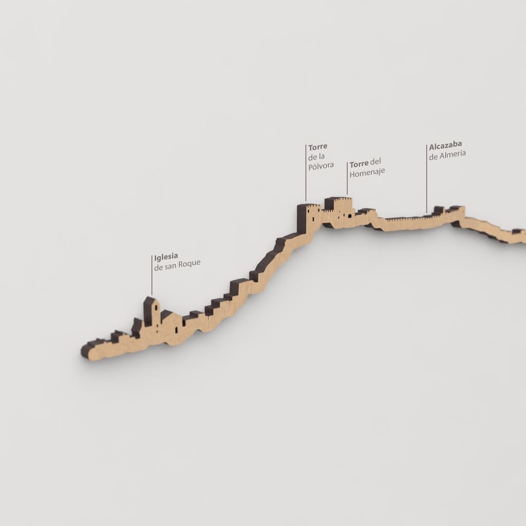 Vista detallada de la Torre de la Pólvora en el skyline de Almería color marrón.