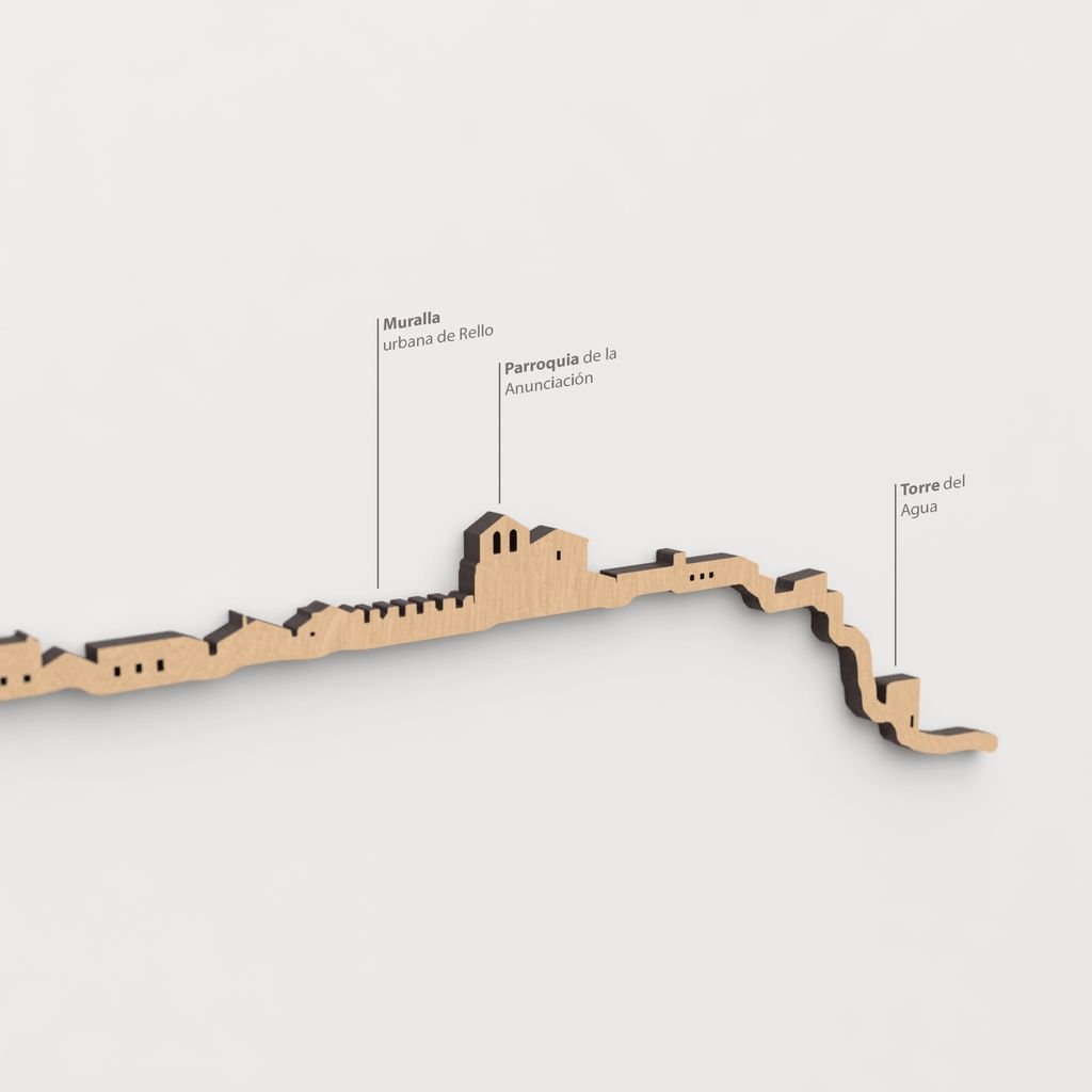 Skyline Rello – detalle de la Torre del Agua en madera marrón.
