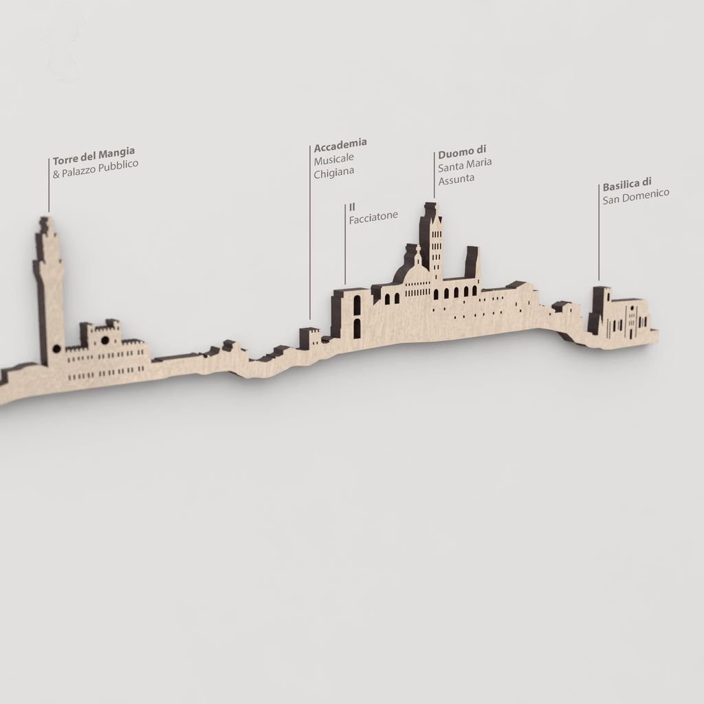 Primer plano de la Torre del Mangia en la silueta de madera de Siena.