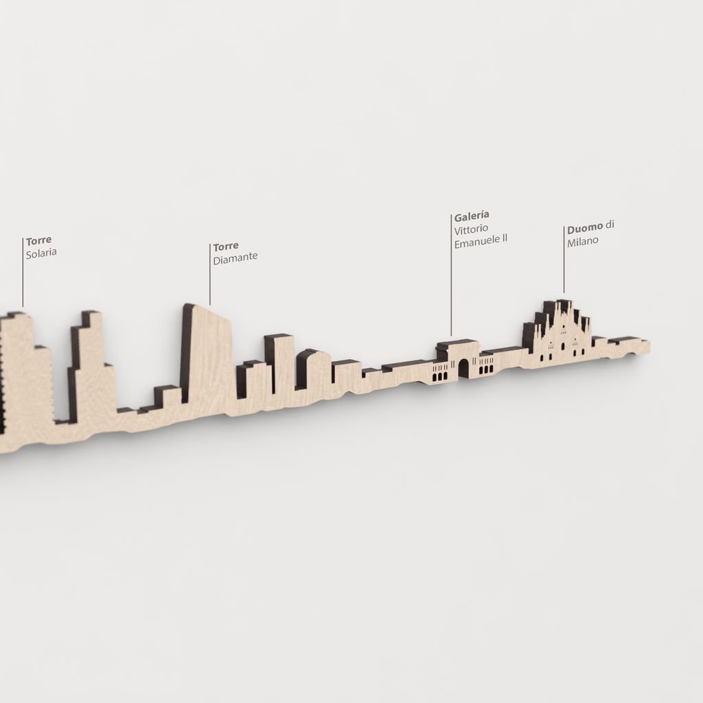 Skyline Milán – primer plano de Torre Diamante en madera natural.