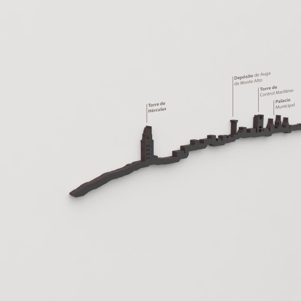 Skyline A Coruña – detalle de la Torre de Hércules en madera negra.