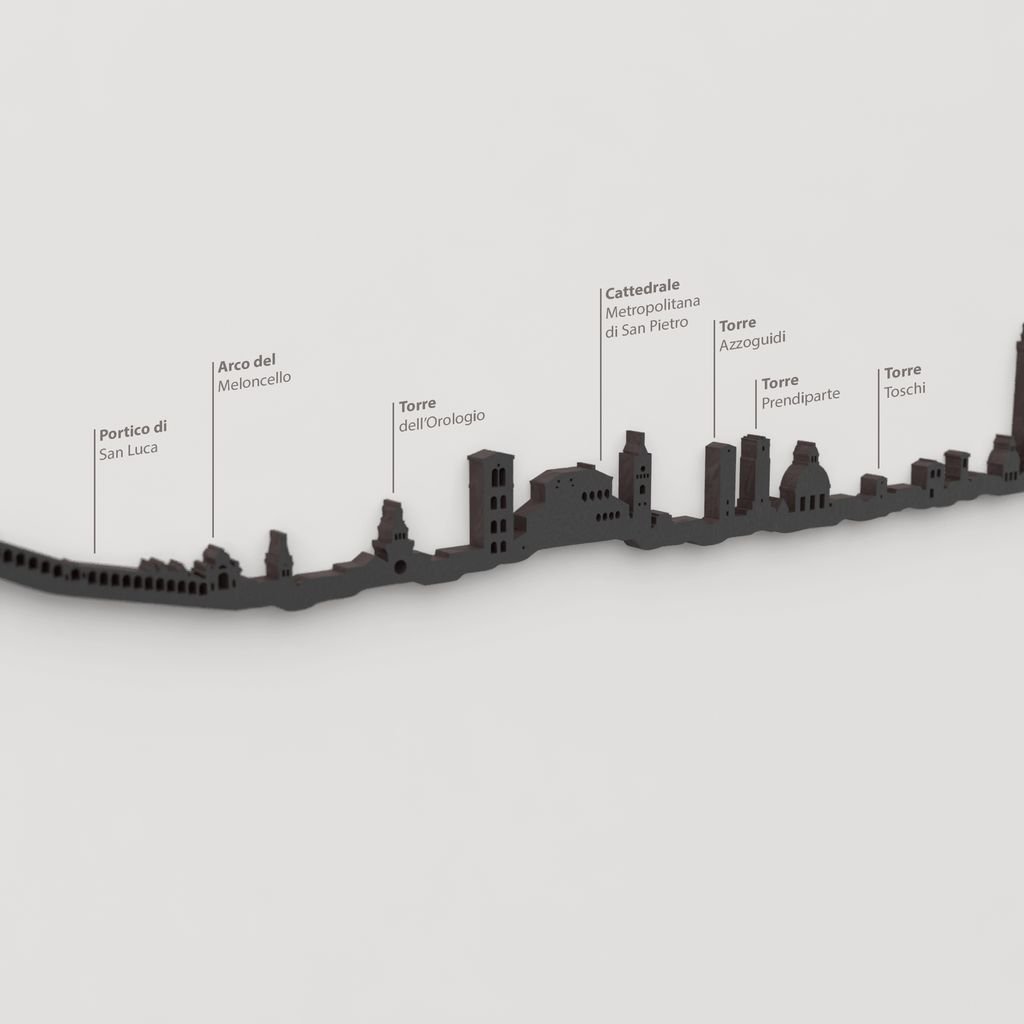 Detalle de la Torre Prendiparte en la silueta de madera del skyline de Bologna.