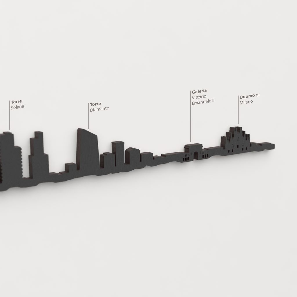Skyline Milán – detalle de Torre Solaria en madera negra.