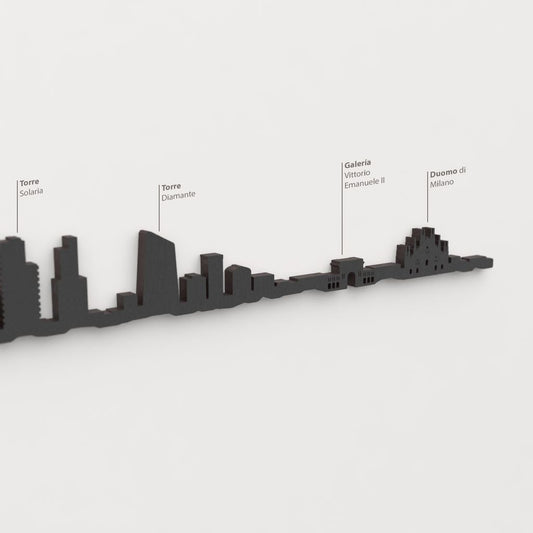 Skyline Milán – detalle de Torre Solaria en madera negra.
