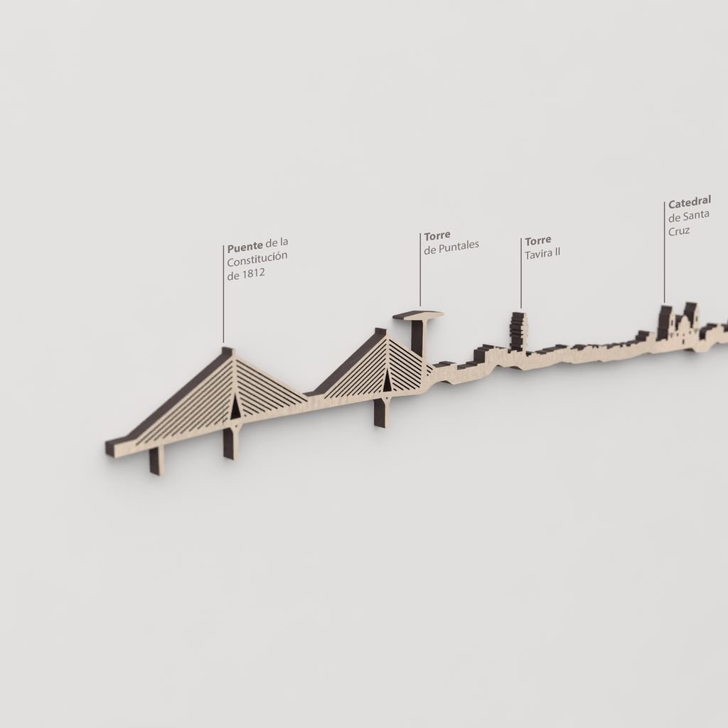 Primer plano de la Torre Tavira II en la silueta de madera del skyline de Cádiz.