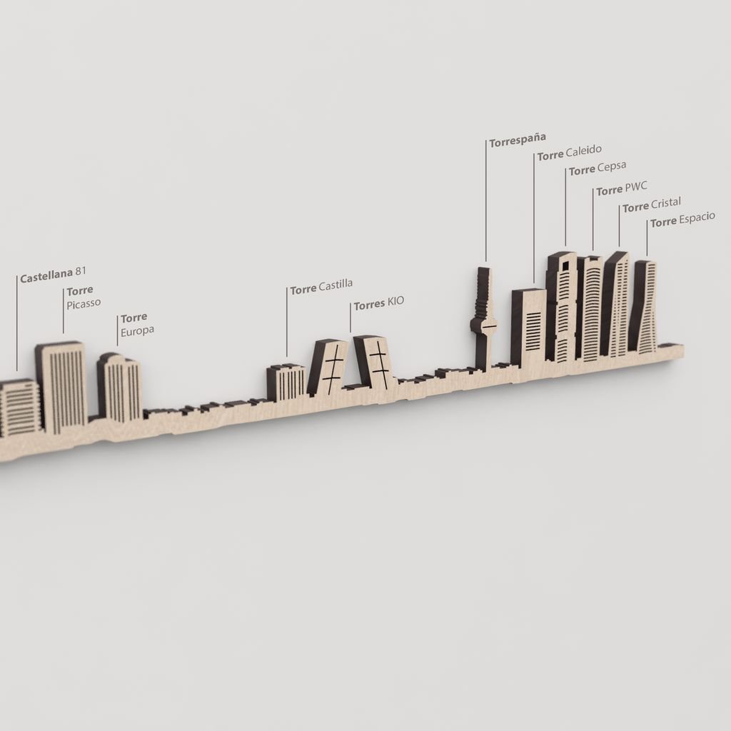 Skyline Madrid – primer plano de las Torres KIO en madera natural.