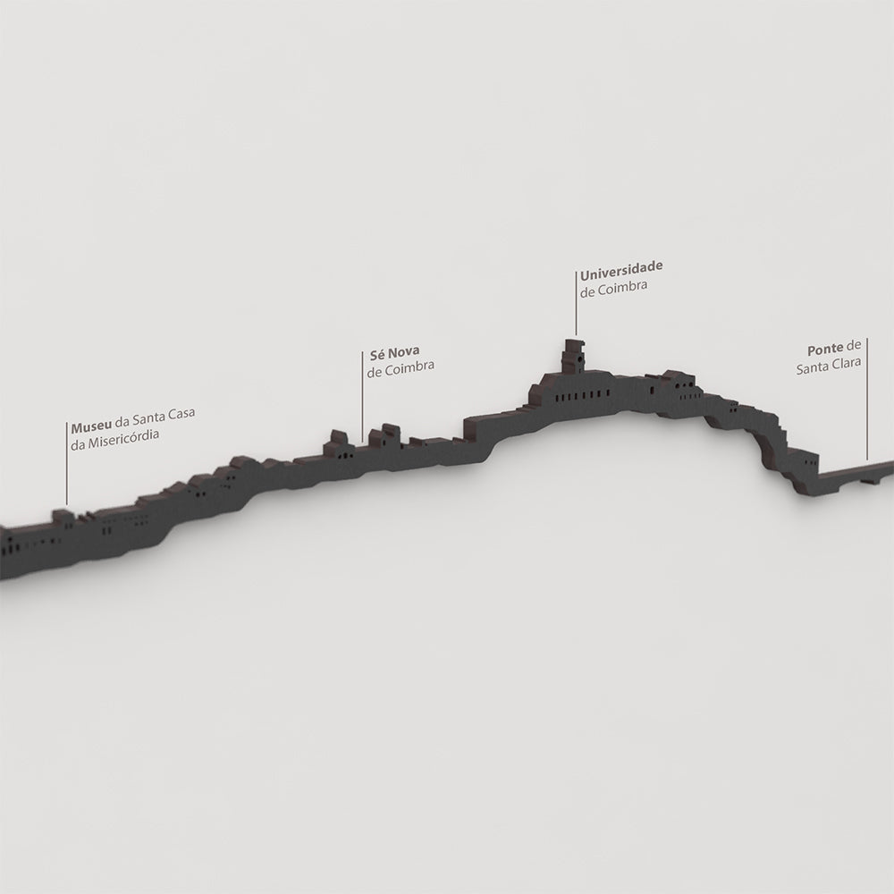 Detalle de la Universidade de Coimbra en la silueta de madera negra de la ciudad.