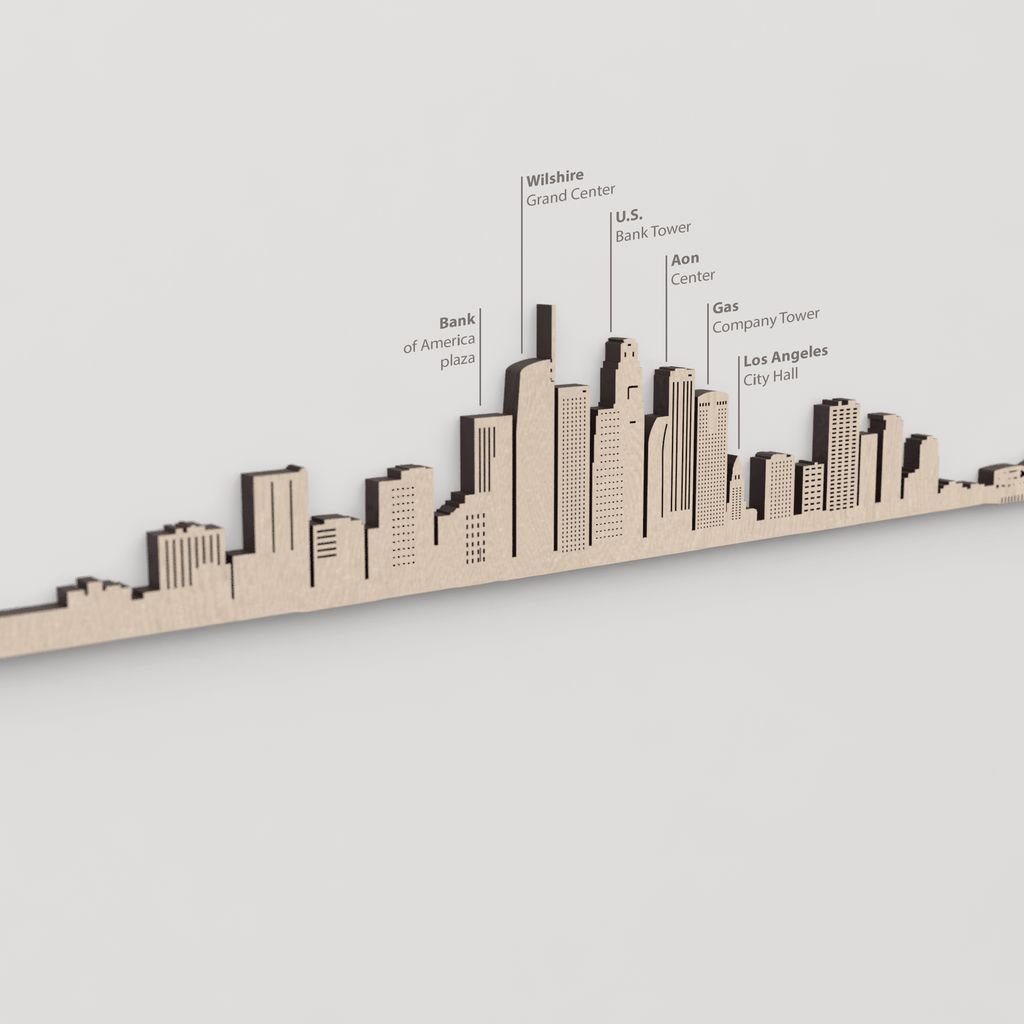 Skyline Los Angeles – primer plano de U.S. Bank Tower en madera natural.