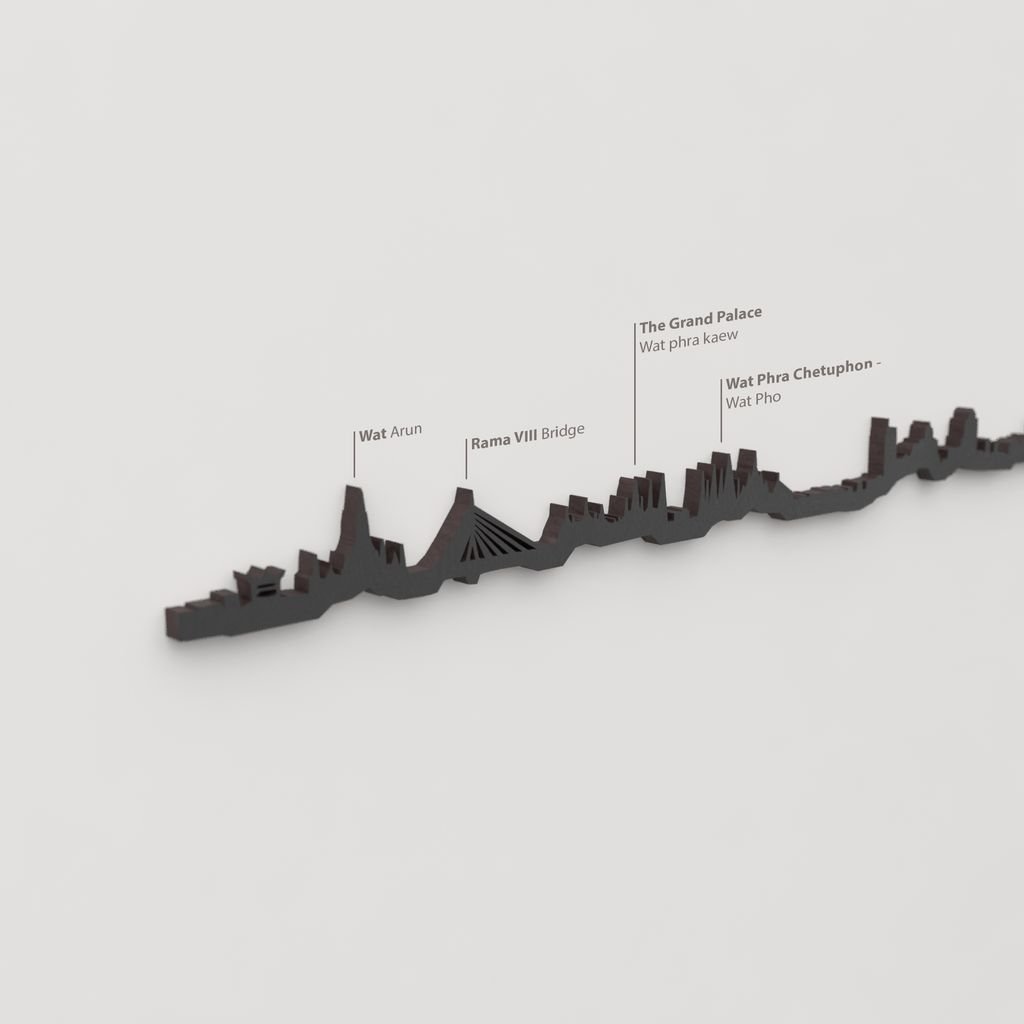 Skyline Bangkok – detalle de Wat Arun en madera negra.