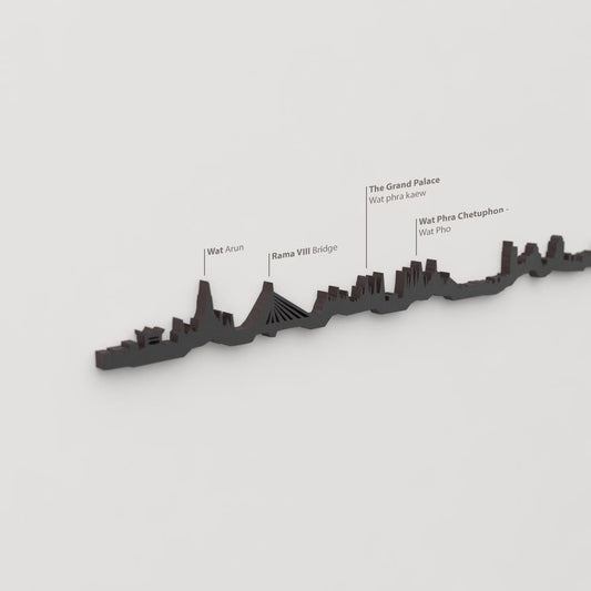 Skyline Bangkok – detalle de Wat Arun en madera negra.